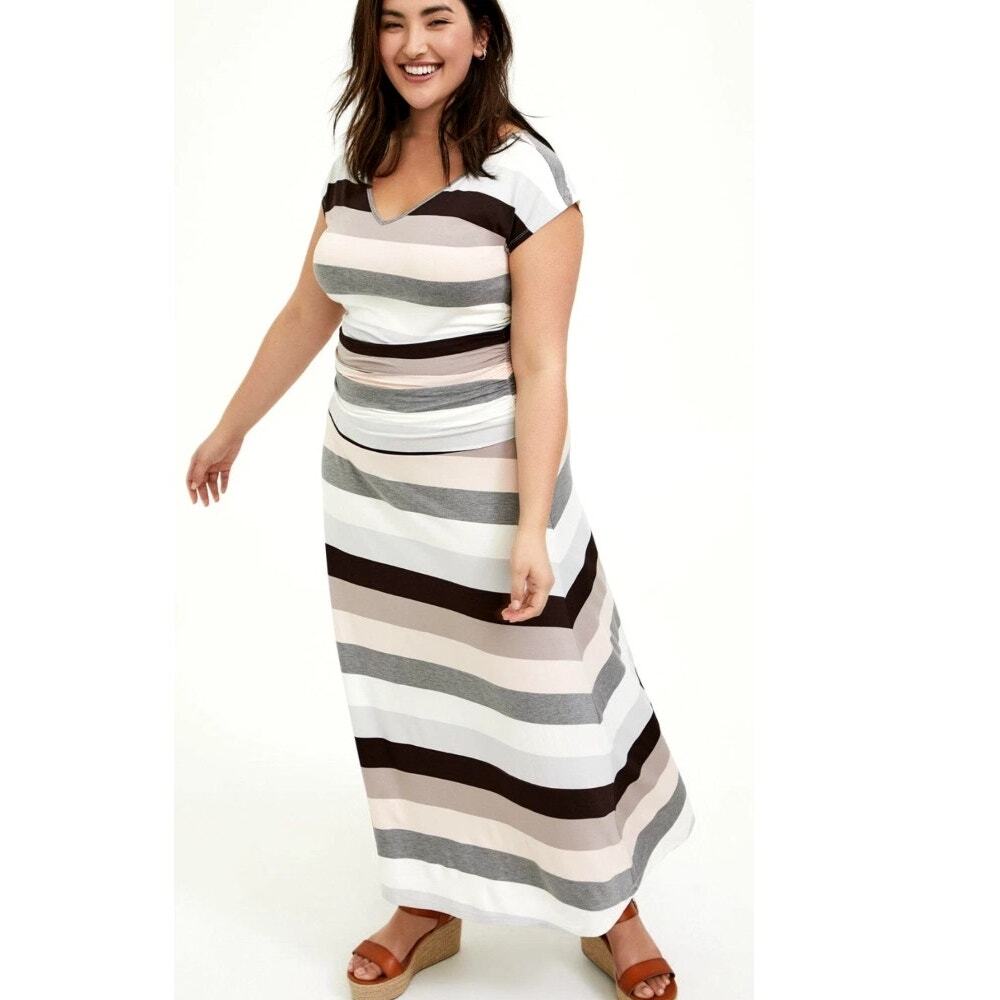 Torrid Shirred Maxi Dress Womens Size 2X Multi Striped Super Soft Jersey Ruched